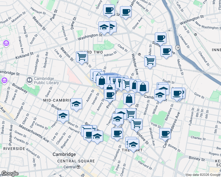 map of restaurants, bars, coffee shops, grocery stores, and more near in Cambridge