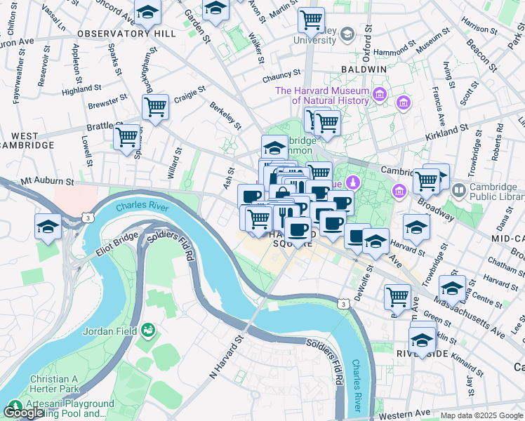 map of restaurants, bars, coffee shops, grocery stores, and more near 125 Mount Auburn Street in Cambridge