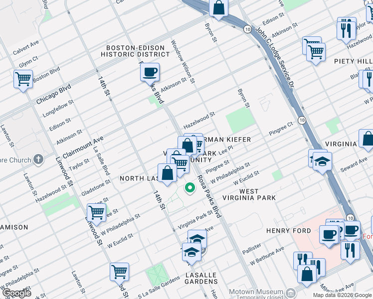 map of restaurants, bars, coffee shops, grocery stores, and more near 8700 Rosa Parks Boulevard in Detroit
