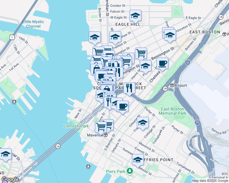 map of restaurants, bars, coffee shops, grocery stores, and more near 143 London Street in Boston