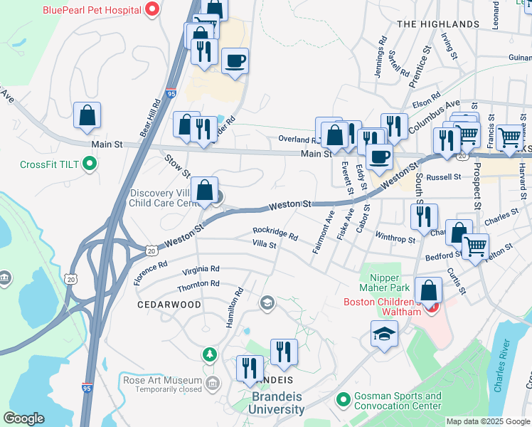 map of restaurants, bars, coffee shops, grocery stores, and more near 228 Weston Street in Waltham