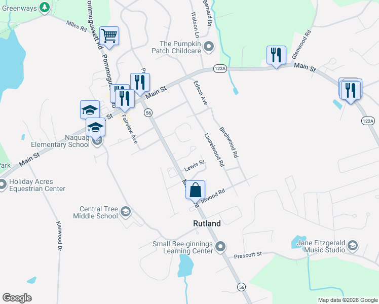map of restaurants, bars, coffee shops, grocery stores, and more near 8 Village Way in Rutland