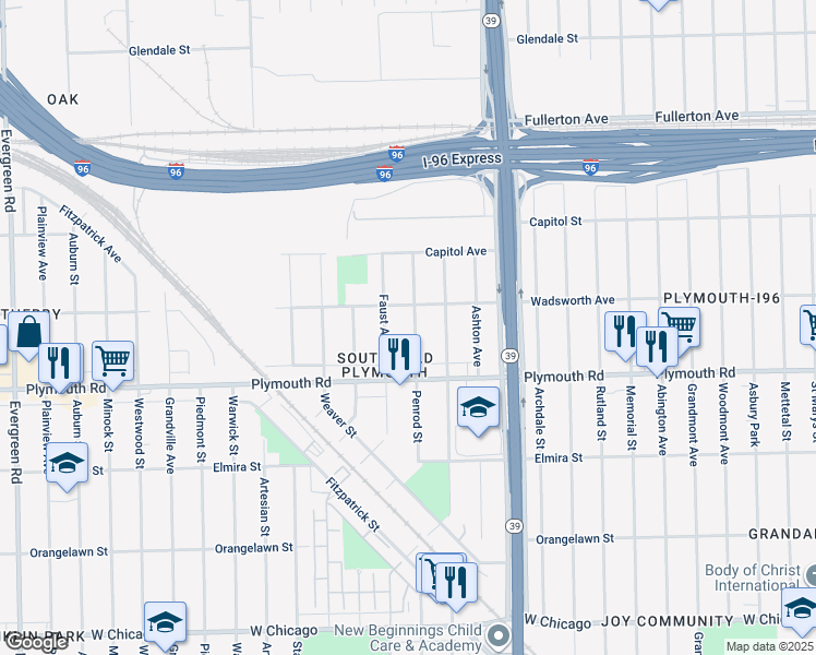 map of restaurants, bars, coffee shops, grocery stores, and more near 11699 Penrod Street in Detroit