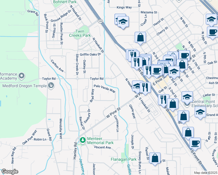 map of restaurants, bars, coffee shops, grocery stores, and more near 601 Palo Verde Way in Central Point