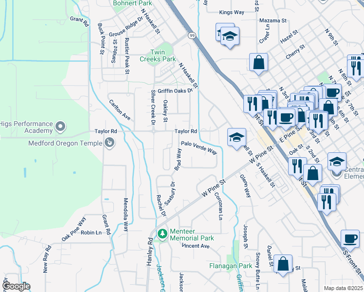 map of restaurants, bars, coffee shops, grocery stores, and more near 636 Palo Verde Way in Central Point
