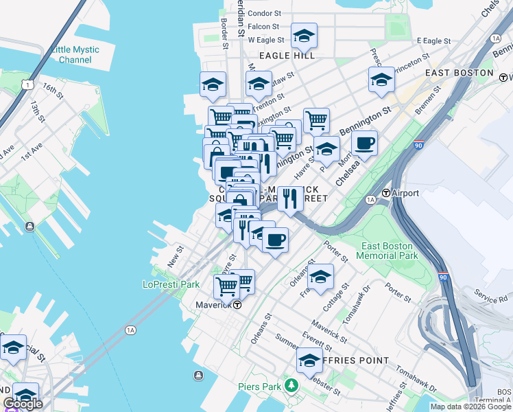 map of restaurants, bars, coffee shops, grocery stores, and more near 135 London Street in Boston