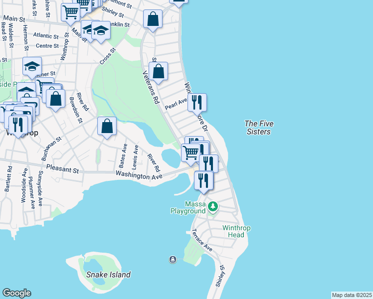 map of restaurants, bars, coffee shops, grocery stores, and more near 435 Shirley Street in Winthrop