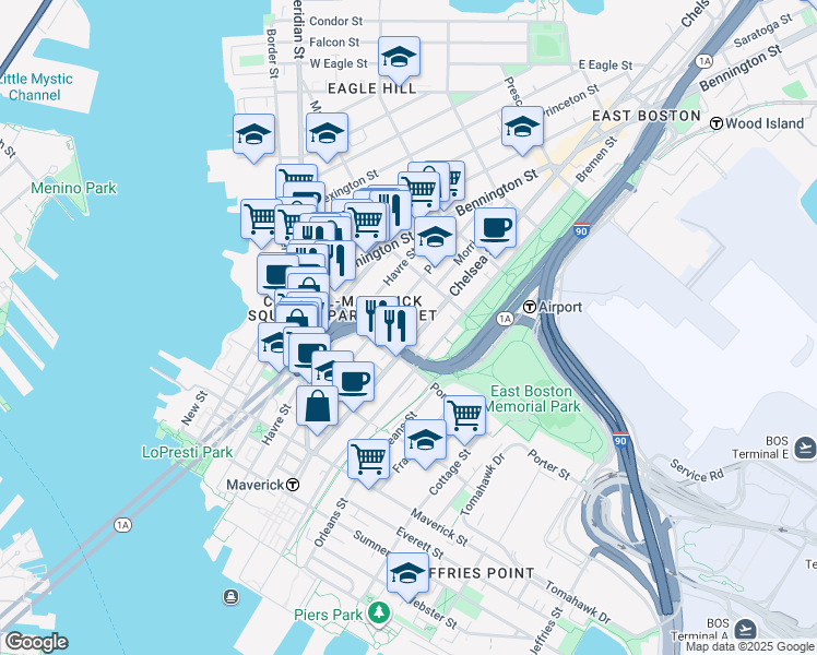 map of restaurants, bars, coffee shops, grocery stores, and more near in Boston