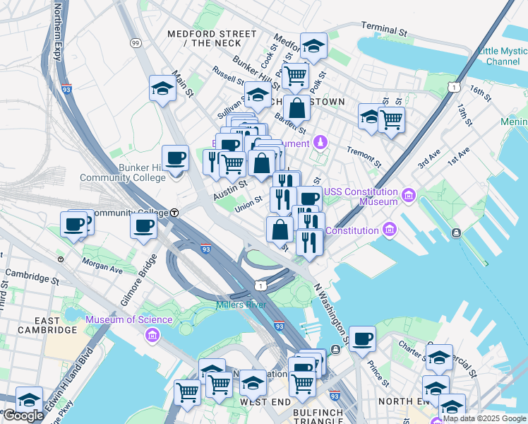map of restaurants, bars, coffee shops, grocery stores, and more near 18 Devens Street in Boston
