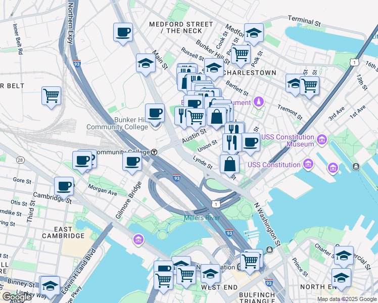 map of restaurants, bars, coffee shops, grocery stores, and more near 80 Lynde Street in Boston