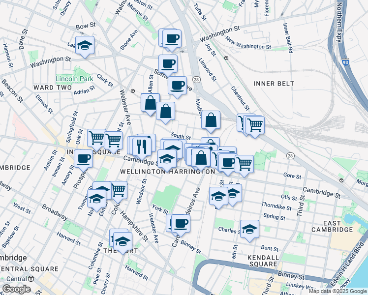 map of restaurants, bars, coffee shops, grocery stores, and more near 21 Hunting Street in Cambridge