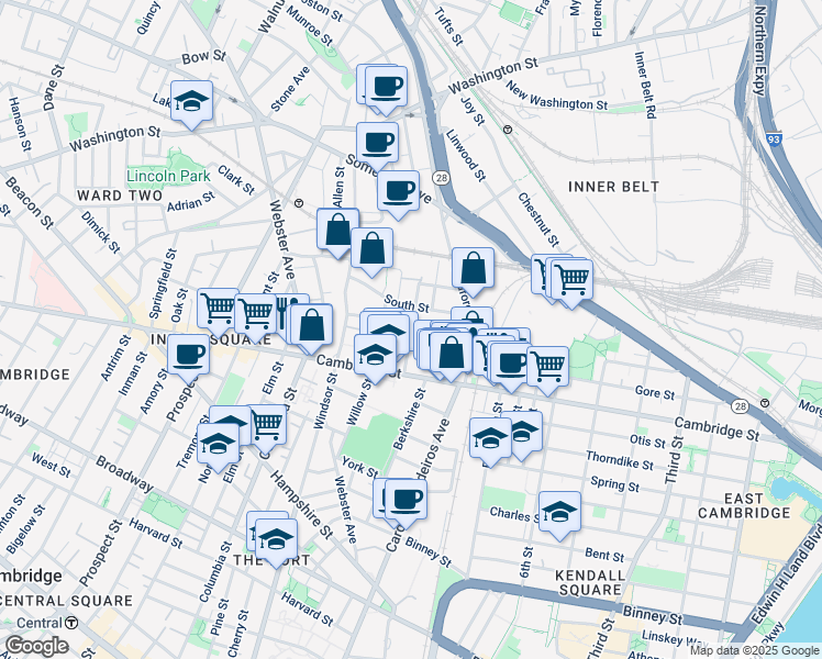 map of restaurants, bars, coffee shops, grocery stores, and more near 21 Hunting Street in Cambridge