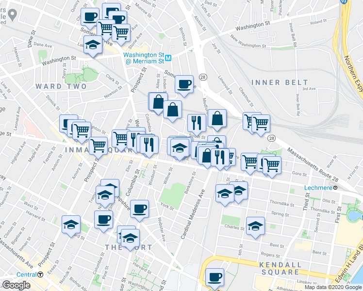 map of restaurants, bars, coffee shops, grocery stores, and more near 21 Hunting Street in Cambridge