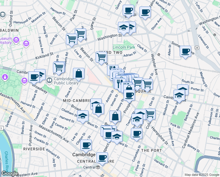 map of restaurants, bars, coffee shops, grocery stores, and more near 139 Antrim Street in Cambridge