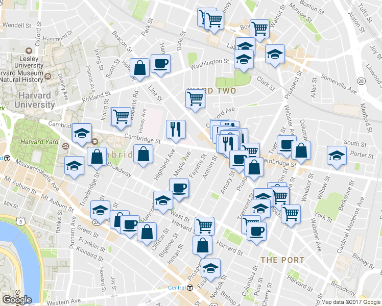 map of restaurants, bars, coffee shops, grocery stores, and more near in Cambridge