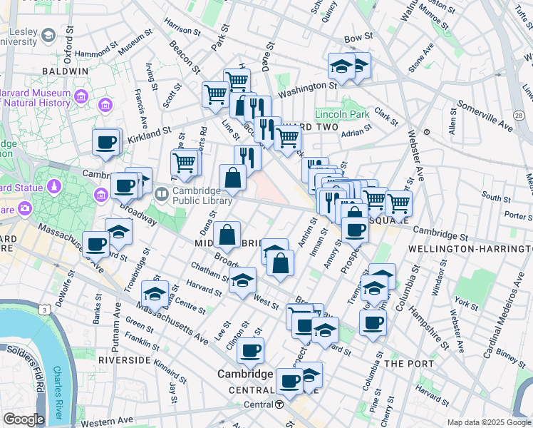 map of restaurants, bars, coffee shops, grocery stores, and more near 10 Marie Avenue in Cambridge