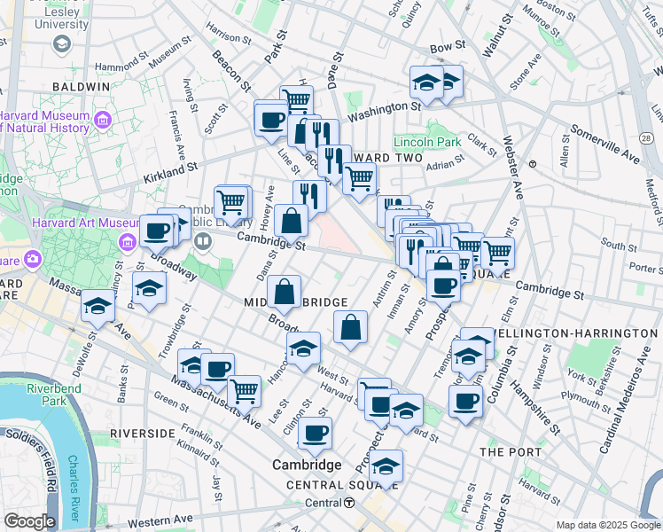 map of restaurants, bars, coffee shops, grocery stores, and more near 10 Marie Avenue in Cambridge
