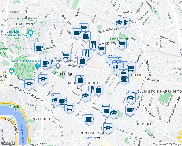 map of restaurants, bars, coffee shops, grocery stores, and more near 10 Marie Avenue in Cambridge