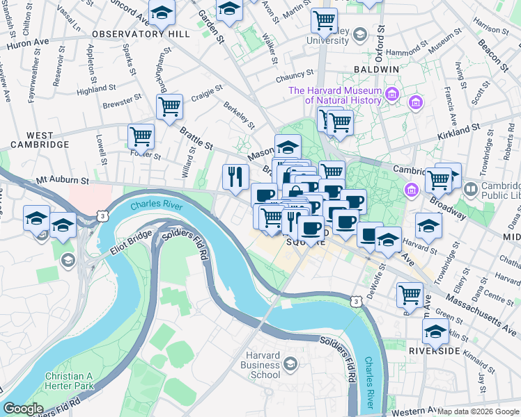 map of restaurants, bars, coffee shops, grocery stores, and more near 132 Mount Auburn Street in Cambridge