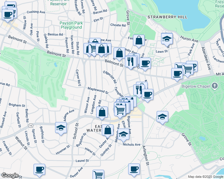 map of restaurants, bars, coffee shops, grocery stores, and more near 17 Edgecliff Road in Watertown