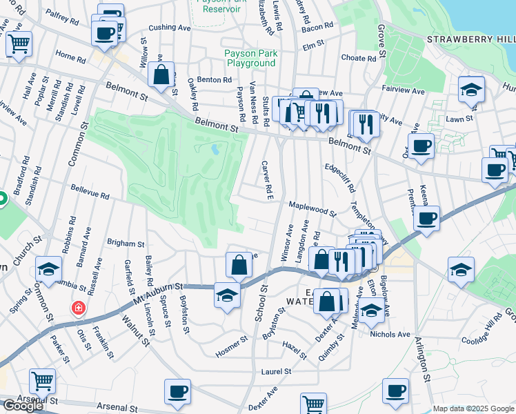map of restaurants, bars, coffee shops, grocery stores, and more near 33 Flint Road in Watertown
