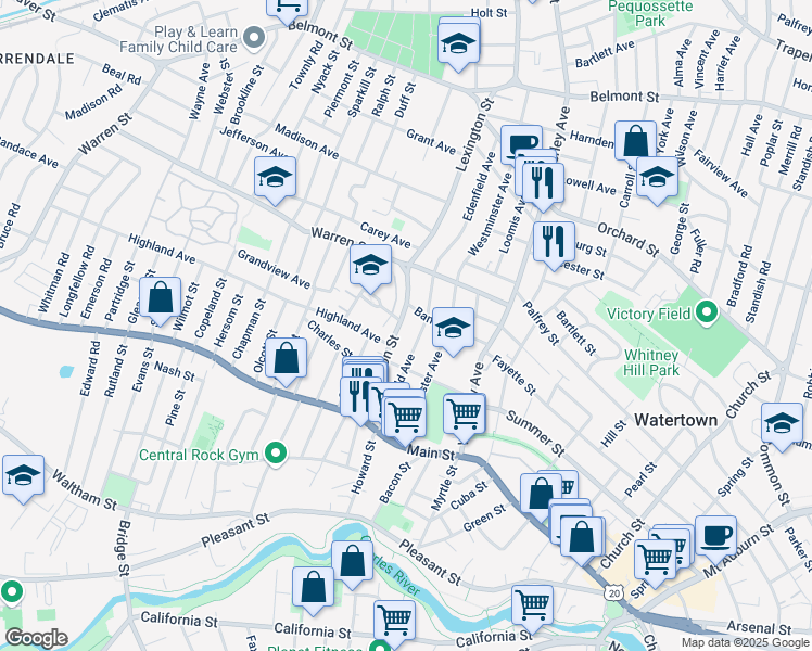 map of restaurants, bars, coffee shops, grocery stores, and more near 90 Edenfield Avenue in Watertown