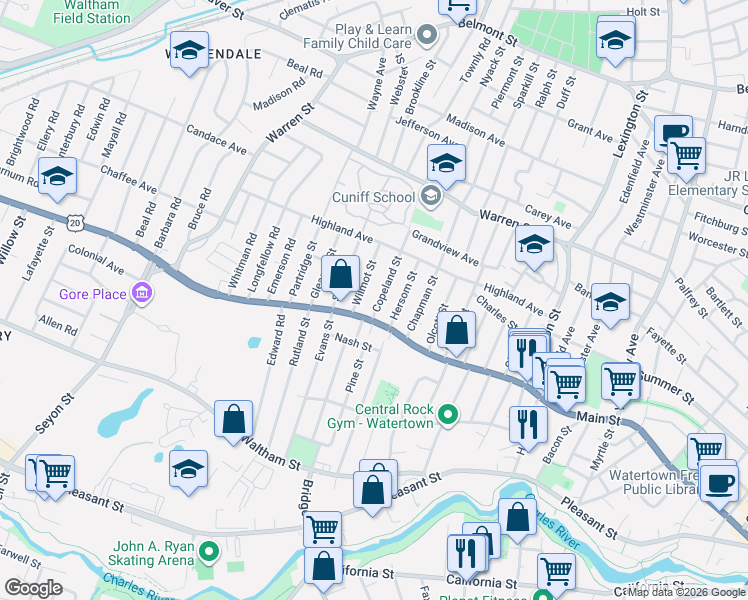 map of restaurants, bars, coffee shops, grocery stores, and more near 12 Copeland Street in Watertown