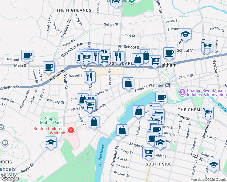map of restaurants, bars, coffee shops, grocery stores, and more near 10 Browns Avenue in Waltham