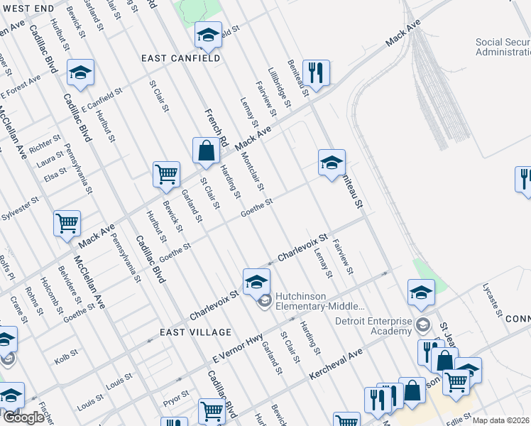 map of restaurants, bars, coffee shops, grocery stores, and more near 3048 Harding Street in Detroit