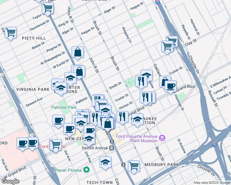 map of restaurants, bars, coffee shops, grocery stores, and more near 282 East Bethune Street in Detroit