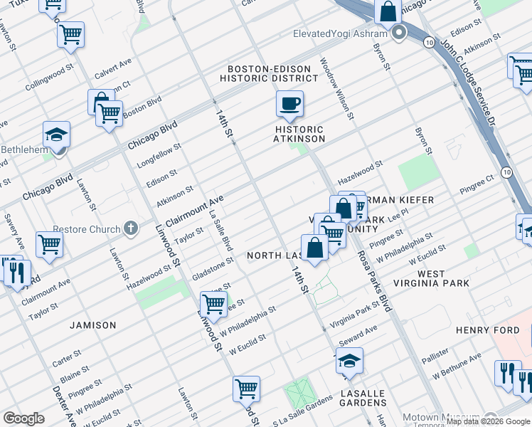 map of restaurants, bars, coffee shops, grocery stores, and more near 2081 Hazelwood Street in Detroit