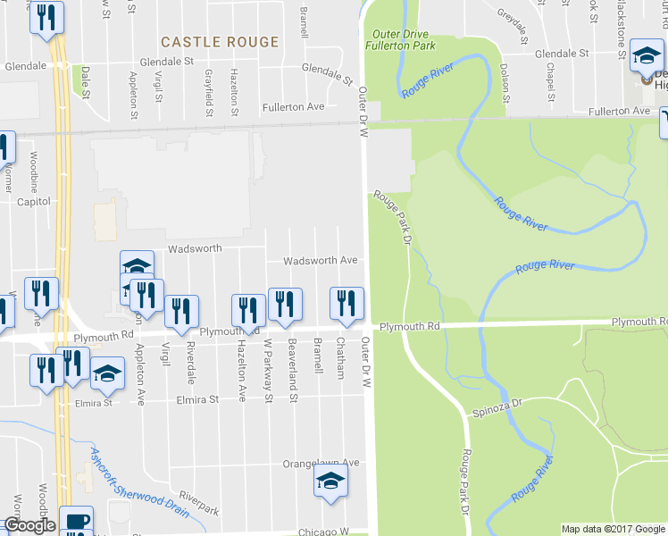 map of restaurants, bars, coffee shops, grocery stores, and more near 11724 Chatham in Detroit