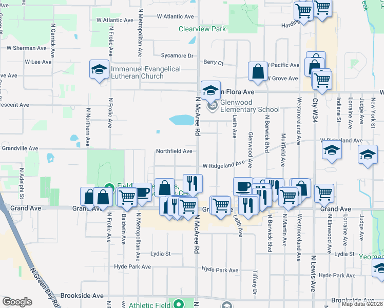 map of restaurants, bars, coffee shops, grocery stores, and more near 1012 North McAree Road in Waukegan