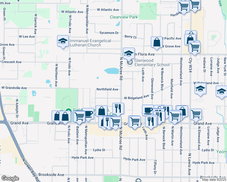 map of restaurants, bars, coffee shops, grocery stores, and more near 1015 North Orchard Lane in Waukegan