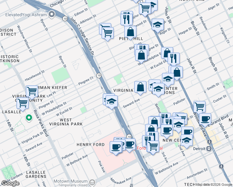 map of restaurants, bars, coffee shops, grocery stores, and more near 894 Virginia Park Street in Detroit