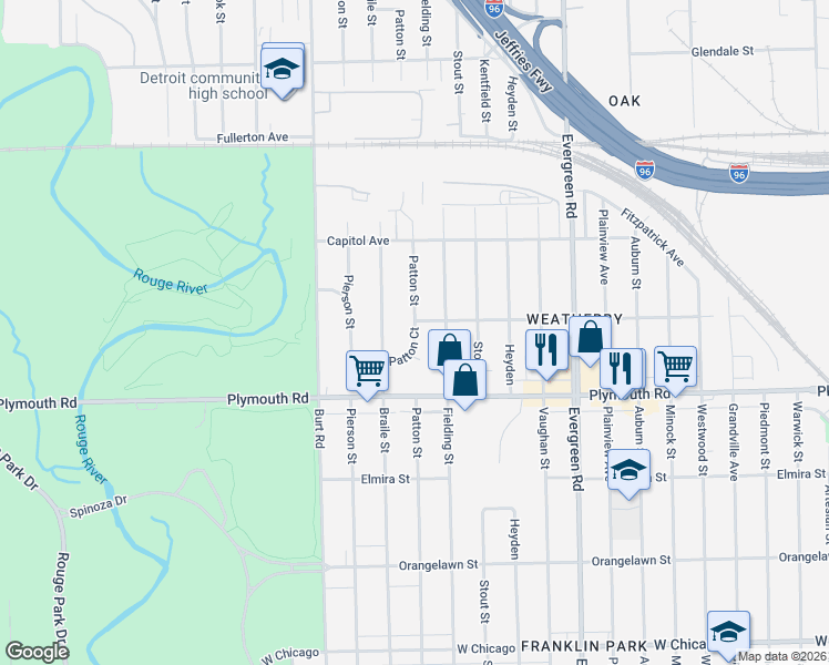 map of restaurants, bars, coffee shops, grocery stores, and more near 19332 Patton Court in Detroit