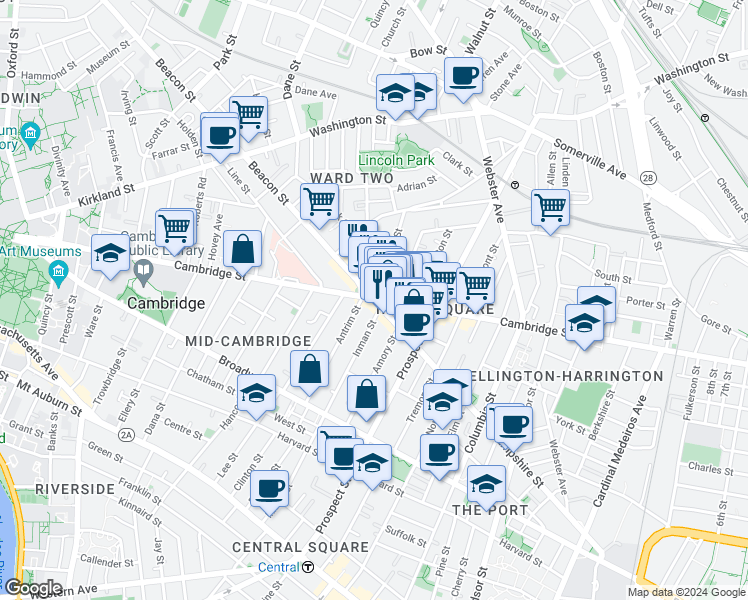 map of restaurants, bars, coffee shops, grocery stores, and more near 1374 Cambridge Street in Cambridge