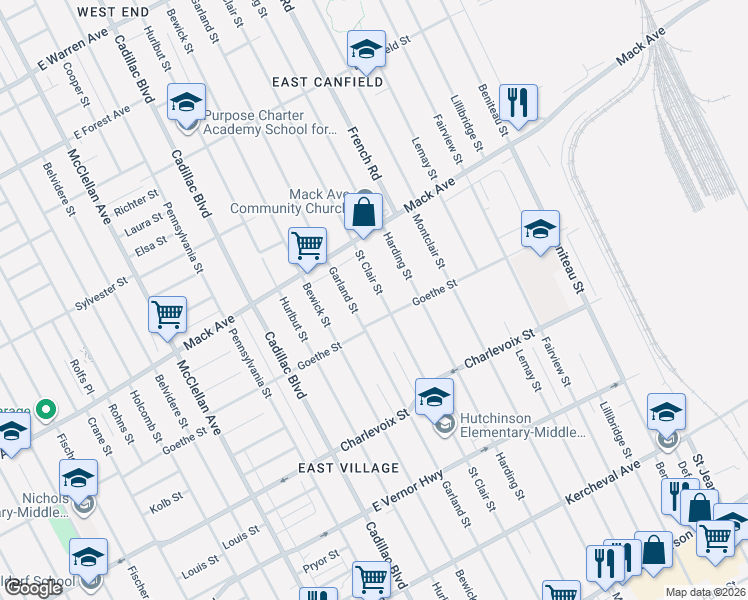 map of restaurants, bars, coffee shops, grocery stores, and more near 3422 Garland Street in Detroit