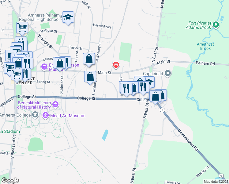 map of restaurants, bars, coffee shops, grocery stores, and more near 615 Main Street in Amherst