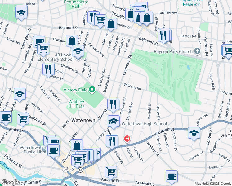 map of restaurants, bars, coffee shops, grocery stores, and more near 157 Common Street in Watertown