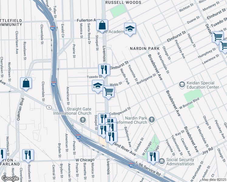 map of restaurants, bars, coffee shops, grocery stores, and more near 11619 Belleterre Avenue in Detroit