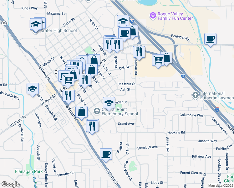 map of restaurants, bars, coffee shops, grocery stores, and more near 20 Ashley Place in Central Point