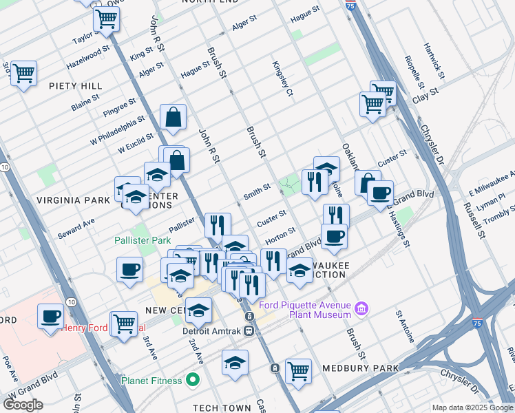 map of restaurants, bars, coffee shops, grocery stores, and more near 282 East Bethune Street in Detroit