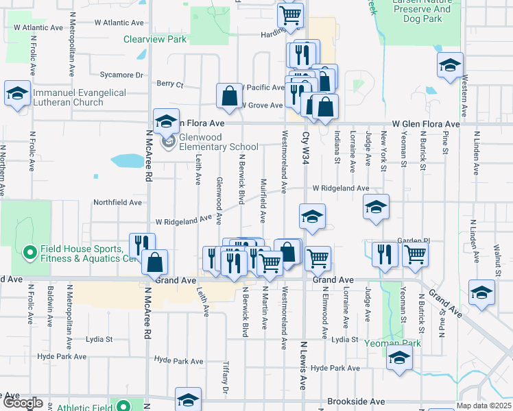 map of restaurants, bars, coffee shops, grocery stores, and more near 937 Muirfield Avenue in Waukegan