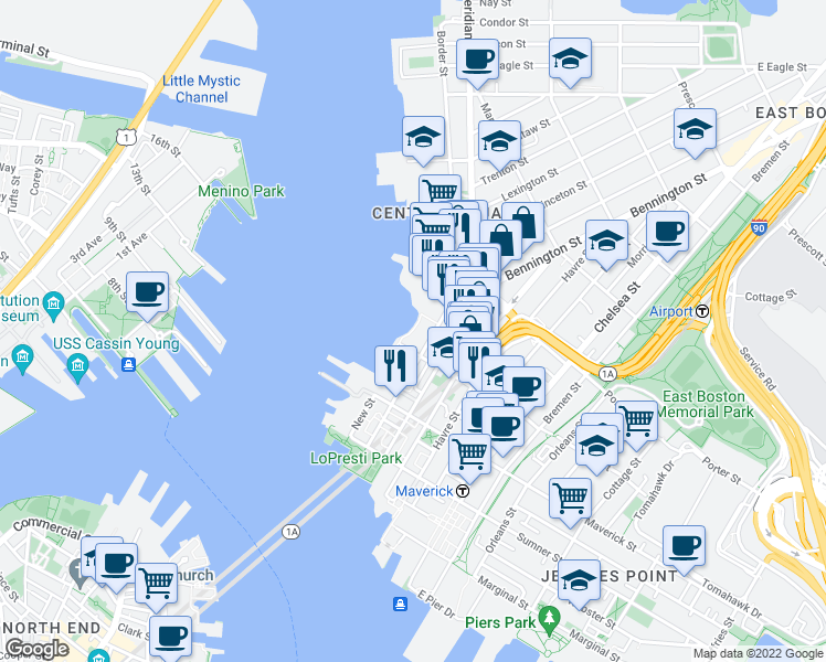 map of restaurants, bars, coffee shops, grocery stores, and more near 128 Border Street in Boston