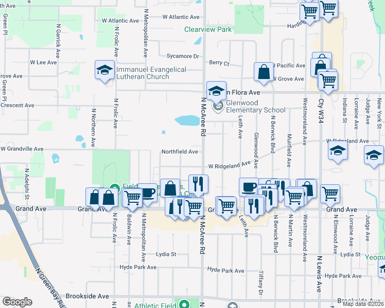 map of restaurants, bars, coffee shops, grocery stores, and more near 2617 Northfield Avenue in Waukegan