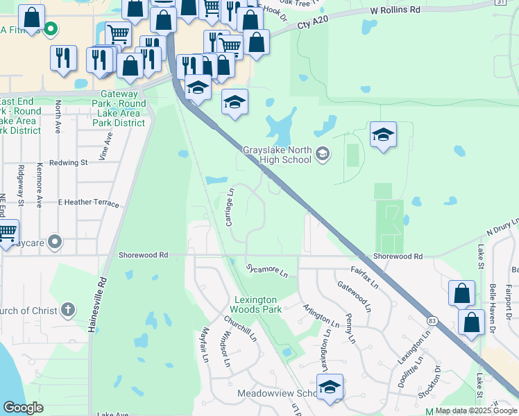 map of restaurants, bars, coffee shops, grocery stores, and more near 1389 Regency Lane in Lake Villa