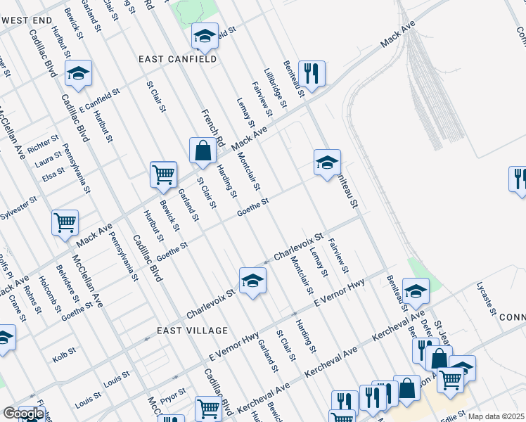 map of restaurants, bars, coffee shops, grocery stores, and more near 3048 Harding Street in Detroit