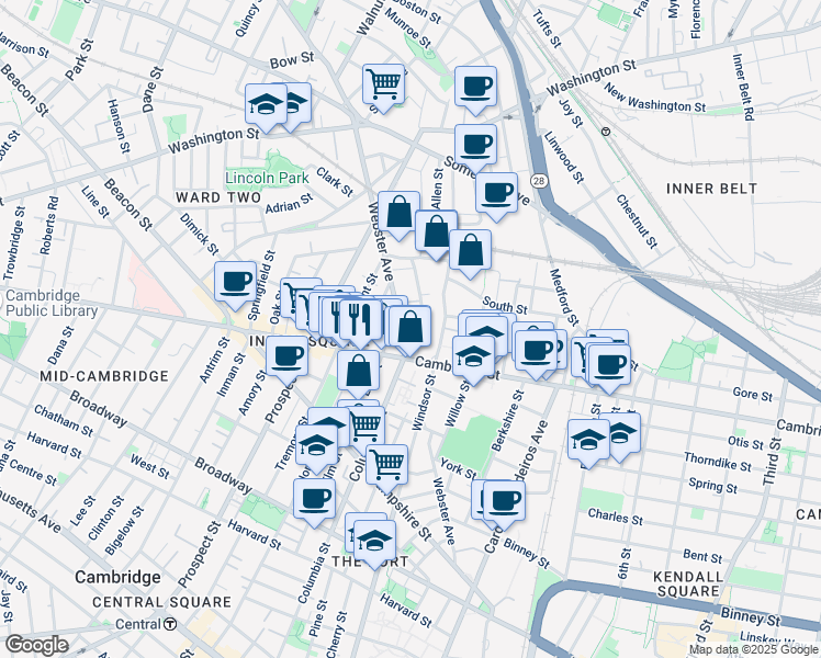 map of restaurants, bars, coffee shops, grocery stores, and more near 305 Webster Avenue in Cambridge