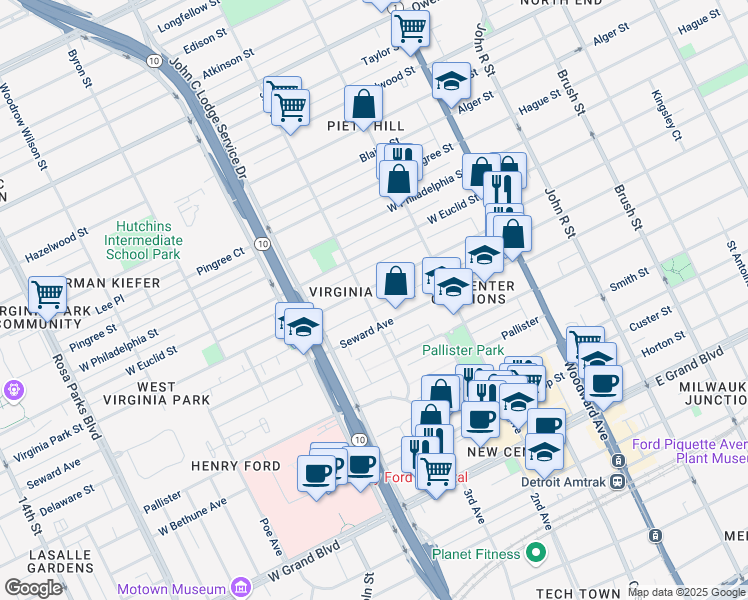 map of restaurants, bars, coffee shops, grocery stores, and more near in Detroit